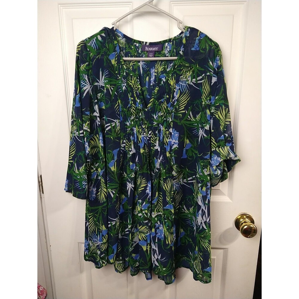Romans Woman 16W Blouse Sheer Floral Pleated V Babydoll 3/4 Roll Tab Sleeve